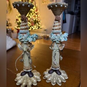 Santa at the beach candlesticks, blue and cream. Preowned